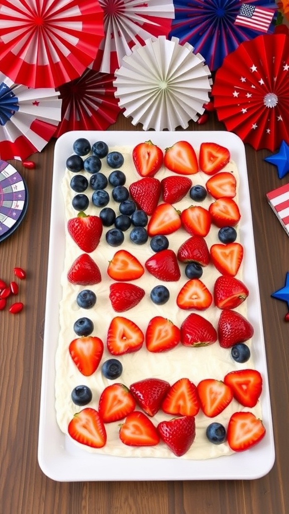 A patriotic flag appetizer with strawberries and blueberries on cream cheese, perfect for a 4th of July celebration.